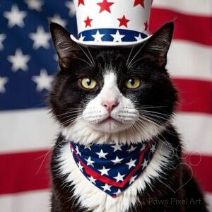 Patriotic tuxedo cat with Uncle Sam hat and American flag bandana, black and white cat, 4th of July pet portrait.