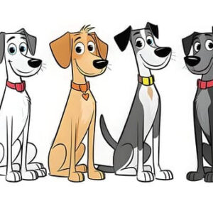 Six cute cartoon dogs in a row, diverse breeds and colors, smiling animated dogs, pet parade digital art