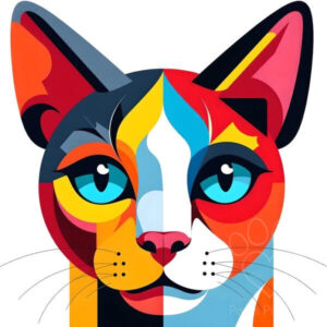 Abstract and colorful geometric art portrait of a cat's face with a vibrant palette of red, blue, yellow, and pink, expressive blue eyes, modern feline illustration.