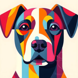 Abstract and colorful geometric art portrait of a dog's face with a vibrant palette of pink, orange, blue, and red on a light background, modern canine illustration.