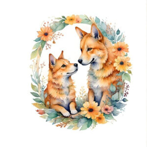 Watercolor illustration of a baby dingo or fox with an adult, surrounded by an orange and green floral wreath, tender animal bond, impressionist art