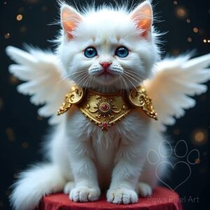 Cute white fluffy cat with blue eyes, golden angel wings and ornate gold armor, mythical pet portrait, glowing background.