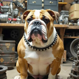 Tough bulldog sitting in a workshop with tools, wearing a studded leather collar, detailed dog portrait, industrial background.