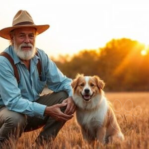 Realistic AI art of a farmer and his dog at sunset, heartwarming rural scene, landscape orientation, digital download.