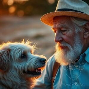 Heartwarming AI art of a farmer and his dog in a close-up portrait, realistic digital painting with golden hour lighting, digital download in .jpg format
