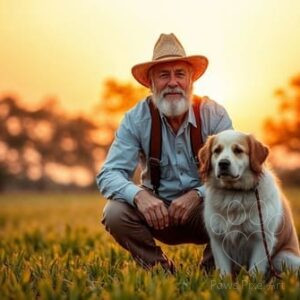 Realistic AI art of a farmer and his dog at sunset, heartwarming rural scene, landscape orientation, digital download in .jpg format.