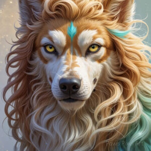 Magical AI art of a stylized dog with piercing yellow eyes, a fantasy mane, and mystical elements, digital download.