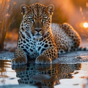 Realistic AI digital painting of a majestic leopard reflecting in water at sunset, vibrant wildlife art, digital download.