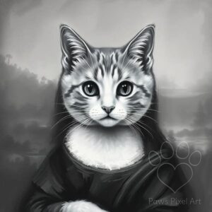 Mona Lisa cat parody AI art, a grayscale digital illustration of a cat dressed as Mona Lisa, classic art