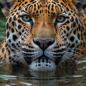 Realistic AI digital painting of a jaguar with green eyes emerging from water, majestic wildlife art, digital download.