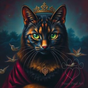 Regal AI cat art, a fantasy portrait of a crowned cat with green eyes and a red cloak, surrounded by birds, digital download.