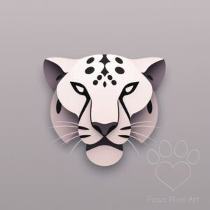 Stylized AI paper cut art of a cheetah's head with green eyes and black spots, minimalist animal portrait, digital download.