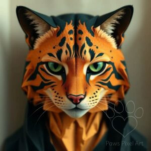 Stylized AI digital painting of an exotic cat with green eyes, orange and black markings, and a mysterious hooded cloak, digital download.