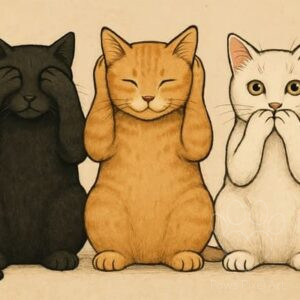 Illustrated print of three cats in wise poses: black cat covering eyes, orange cat covering ears, white cat covering mouth, with a warm, textured background.