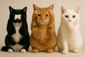 Photographic print of three cats enacting the 'wise cats' theme: black cat covering eyes, orange cat covering ears, white cat covering mouth, on a neutral background.