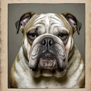 Vintage 'Wanted' poster featuring a bulldog with a humorous, stern expression, AI generated digital art, portrait orientation