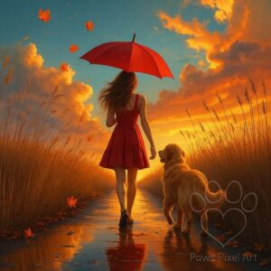 Realistic AI digital painting of a woman and her dog walking at sunset, heartwarming autumn scene, landscape orientation, .jpg digital download.